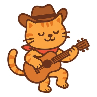 flat toon orange cowboy cat strumming an acoustic guitar sticker
