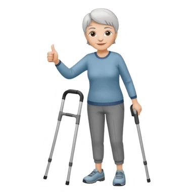 elderly woman with pants short grey hair using crutches WITH A THUMBS UP sticker
