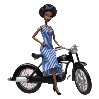 1920s coal hair Silkstone Marie Antoinette Barbie Wednesday Addams from academy in a blue and black vertically-striped classic dress. riding hot rod bikes with crows sticker