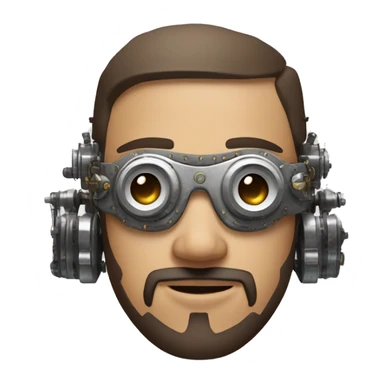 male cyborg head with brown short hair, brown beard, silver steampunk goggles and circuitry sticker