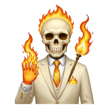 aesthetic shiny glowing divine lighting - Megadeth icon - a politician in an ivory ethereal suit wears a white tie, has a skull instead of a head, and instead of glasses, burrning in flame sticker