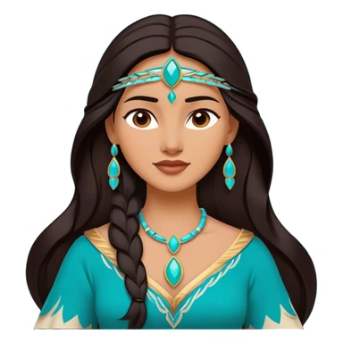 Cinematic Majestic Pocahontas Portrait Emoji, rendered in a clean, vector-style with bold shapes. Show Pocahontas with a serene, noble expression, radiant sun-kissed skin, and elegantly flowing dark hair, dressed in traditional garments with subtle turquoise accents. The design radiates a majestic, natural glow, high shine, and a soft glowing outline, capturing her regal beauty. sticker