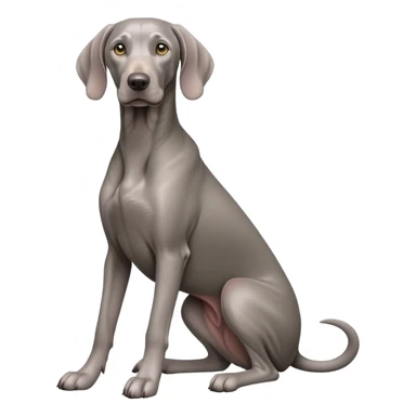 cinematic-[weimaraner-realistic-full-body-sitting-emoji,-tail-resting-loosely-beside-its-paws,-head-tilted-dramatically, -sleek-[grey]-fur,-simplified-yet-realistic-focused-features,-highly-detailed,-glowing-with-an-almost-sarcastic-glow sticker