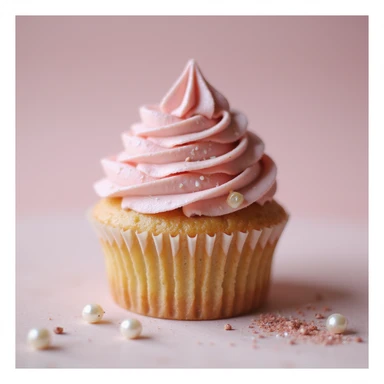 realistic cupcake with pink icing, photorealistic style, detailed texture, soft lighting, with small decorative accessories like pearls and edible glitter sticker