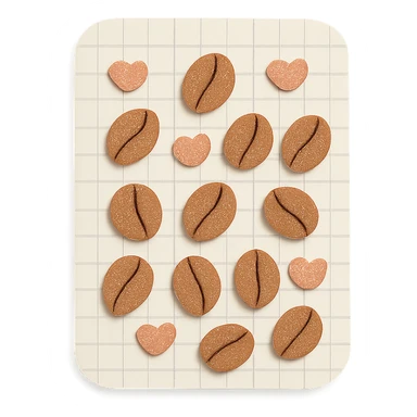 coffee bean pattern grid paper background with small hearts, soft pastel style, transparent background sticker