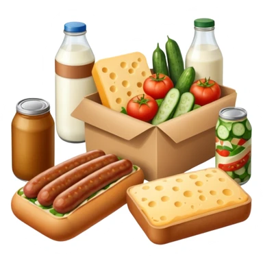 a box of groceries, sausage, cheese, canned meat, herbs, milk, tomatoes, cucumbers, and a loaf of bread sticker