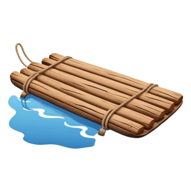 showing a simple wooden raft floating on calm blue water — made of several brown logs tied together with rope — gentle ripples around it — bright, cheerful lighting and soft shadows — minimalist, clean emoji design sticker