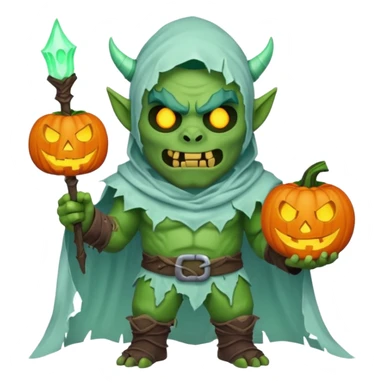 male orc warrior ghost emoji, green skin, tusks, wearing torn white ghost sheet costume, holding glowing jack-o'-lantern, faint blue aura, friendly but spooky expression, Halloween fantasy theme, Apple emoji style, clean white background, square sticker