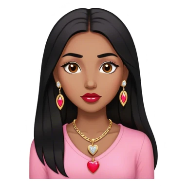 Woman,Medium brown skin,super long black straight hair, medium brown arched eyebrows, full lashes, red nude lips, diamond stud earrings, gold heart locket, pink shirt sticker
