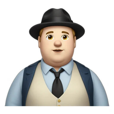 young fat white man wearing a black trilby and a blue waistcoat. no tie and brown hair sticker