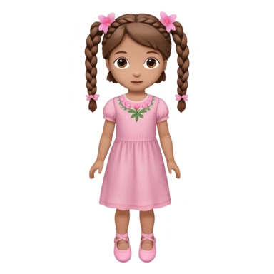Boneca muito baixa e pequena de cabelo castanho com 2 tranças e uma flor rosa do lado esquerdo usado um vestido rosa claro e sapatinhos rosa sticker