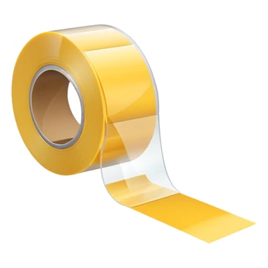 small roll of clear adhesive tape with glossy finish on simple white plastic dispenser with curved cutting edge, roll partially used with strip slightly lifted and curved, no box or extras, apple emoji style, soft lighting, subtle shadows, transparent background, emoji scale sticker