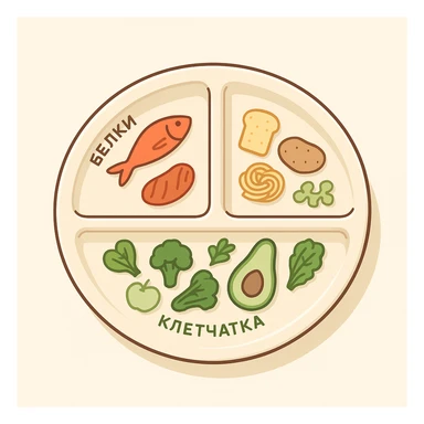 Move the labels 'клетчатка', 'белки', 'углеводы' inside their respective sections along the contour of the plate rim. Use 2d isometric style with shadows and highlights. Color separation for sections: белки with fish, клетчатка with greens or vegetables, углеводы with garnish. No hand visible, clean background. sticker