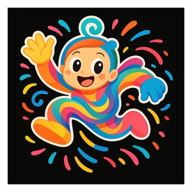 Remove all text and written matter, keep only the mascot character and visual elements. Preserve the playful, energetic, and imaginative style suitable for a black website background. sticker