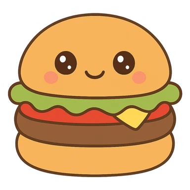 Adjust the colors of the plush kawaii squishmallow burger to look like a real burger: golden brown bun, green lettuce, red tomato, yellow cheese, and brown patty. Keep the plush kawaii squishmallow style with no background. sticker