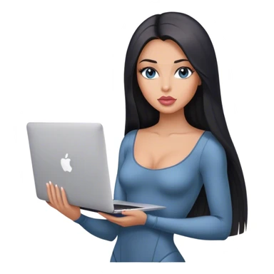Glamours, tanned, very beautiful girl, with big pump peach-beige-rose lips, black straight smooth silky long hair, straight parting, blue-grey eyes, in bodysuit holding MacBook sticker