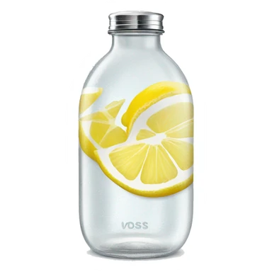 voss branded glass water bottle with lemon slices inside hyperrealistic soft textures and fine details sticker