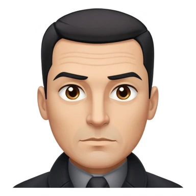 Robust athletic man in his 40s with light brown skin tone, short slicked back straight black hair with fade haircut, strong square face, thick eyebrows, wide nose, black overcoat with buttoned gray shirt visible underneath sticker