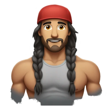 Alex Hormozi with long hair, a cap and a tank top, muscular sticker
