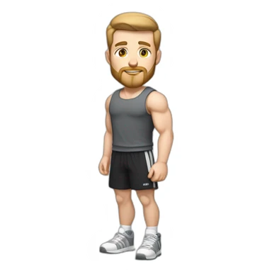 Full height Pale skinned fit man With biceps, light brown hair and very short beard In dark gray sleeveless mike, black oversize sports shorts, watch and white sneakers. sticker