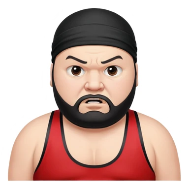 Extreme close-up of face of morbidly obese white skin guy with young face, prominent BLACK DURAG tied clearly on head, black beard but no mustache, clean shaven upper lip, black eyes in a red and black wrestling singlet with angry expression sticker