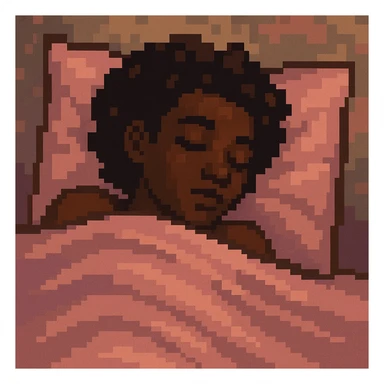 dark skin girl sleeping under pink covers, pixel art style sticker