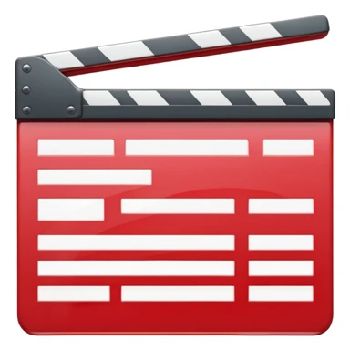 Glossy bright red clapperboard in the classic style of Apple icons: the top bar is tilted up-left, the body and bar with a deep glossy glare, dark gray edging, black background inside, perfectly square with rounded corners. 🔴🎬✨ sticker
