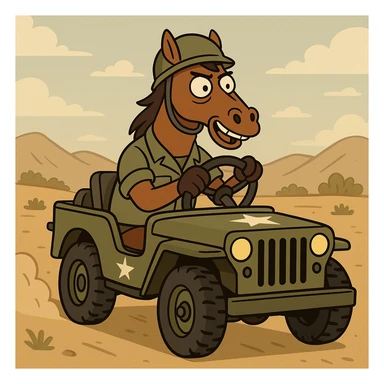brown horse with an army vibe, cartoon style, riding in a military jeep sticker