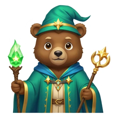 A young bear wizard with a glowing green spell, golden staff and starry blue robes sticker