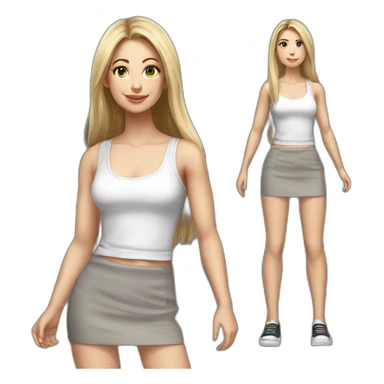 caucasian woman, with long straight hair, blonde hair, brown eyes, white tank top, gray tight mini skirt, black shoes, full body, hyperrealist drawing sticker