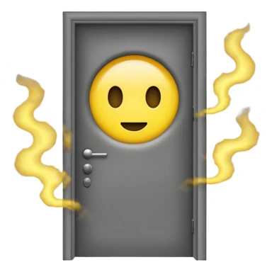 Minimalist emoji-style sticker of a half-open door, with smoke and a single glowing eye visible in the dark inside. Flat design, desaturated colors.
 sticker