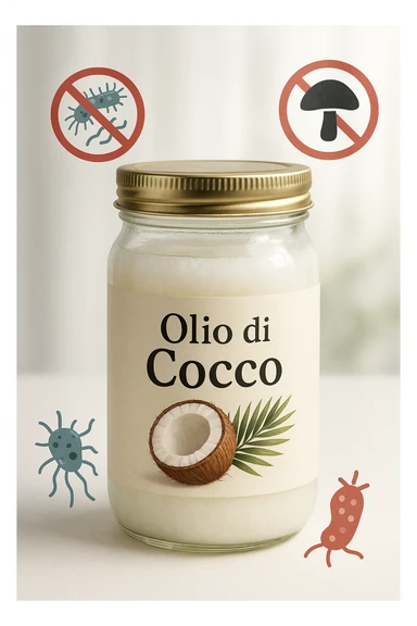 vertical realistic and cinematic illustration of a jar of coconut oil with Italian label 'Olio di Cocco'. Include visual symbols representing anti-dysbiotic and antifungal properties, such as bacteria and fungi crossed out or defeated. Bright atmosphere, no other text, vertical 2:3 aspect ratio. sticker