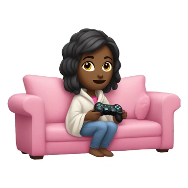 White girl with dark hair wrapped up in a blanket sitting on a couch with a pink gaming controller in her hands sticker