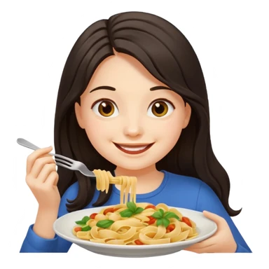 chica joven con piel clara y pelo oscuro largo comiendo un plato de pasta que parezca un emoji de iphone (sistema ios) sticker