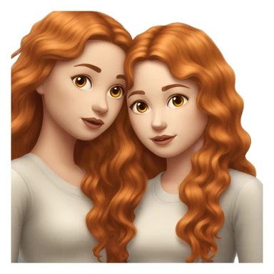 serene two white girls. one has wavy brunette hair and the other has natural soft orange hair delicate fringe. standing together kissing in gentle light. calm and content. hyper-realistic soft textures fine details glow on skin sticker