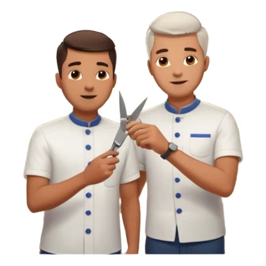 Inside a cozy barbershop with soft lighting, an experienced barber gently teaches his apprentice, guiding his hands as they cut hair together. The room is filled with warmth, plants hanging from the ceiling, and the hum of clippers sticker