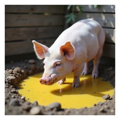 pig in an outdoor pen, feeding and drinking from a yellow puddle among mud, rural environment, natural light, 4K quality sticker