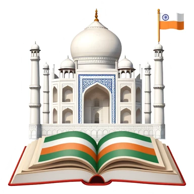 An icon featuring the Taj Mahal and the flag of India, symbolizing the Hindi language. The design includes an open book with hindi text, representing language learning and cultural richness. Transparent background highlights the heritage of India. sticker