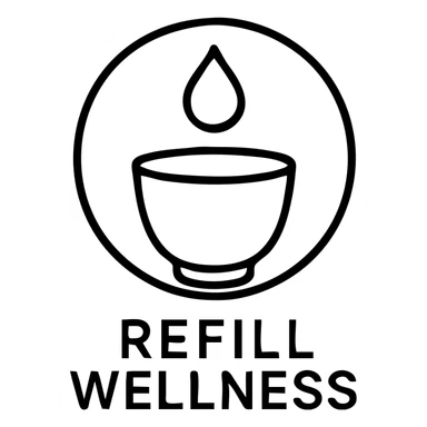 minimal black and white logo for 'Refill Wellness', circular motif, droplet or cup being refilled, evoking calm and renewal, simple and modern sticker