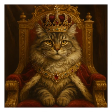 queen cat, majestic feline with jeweled crown, sitting on a throne, luxurious details sticker
