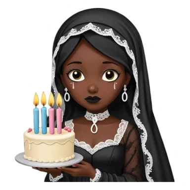 Emoji-style illustration of a cute sarcastic woman, black mourning dress and veil, holding a birthday cake with number 29 candles, ironic expression, RIP 20s theme, flat design, bold outlines, pastel gothic colors, high resolution, clean background, perfect for profile picture sticker