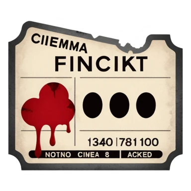 Minimalist emoji-style sticker of an old torn cinema ticket, no text, blood-stained edges and burn holes, grayscale paper

 sticker