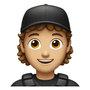 Lady brown haired man, light stubble with black baseball cap, happy sticker