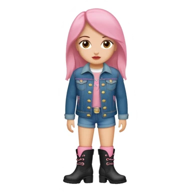 Gordita, ojos pequeños de color cafe oscuro, labios pequeños y rosados, piel trigueña, orejas pequeñas, cabello largo lazio y negro, pequeña. cuerpo completo. vestida con saco jean y botas sticker