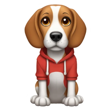 Beagle with brown ears and nose, whose body is a bit grey wearing a red hoodie which says hugs on it  sticker