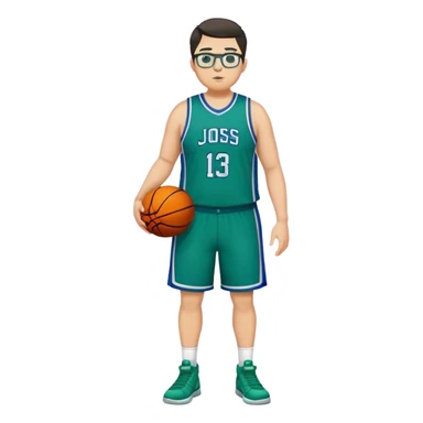 Full Body tall plus size white male with dark short hair basketball player wearing glasses wearing blue green uniform sticker
