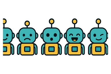Create a variety of emojis for a tech bot base with happy, sad, surprised, laughing, and winking expressions. Maintain a minimalistic, geometric, clean style with subtle tech details. Use a transparent background. sticker
