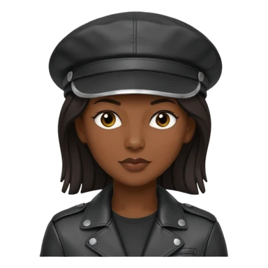 a leather Dom lesbian woman in her 40s with a black leather cap and black leather jacket sticker