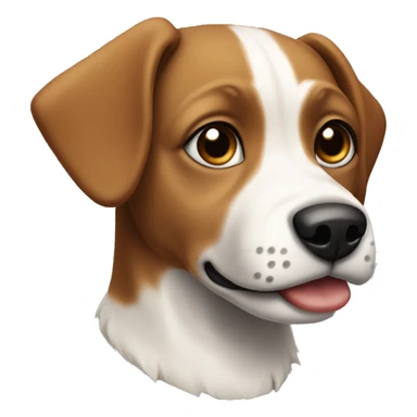Small brown and white dog with short floppy ears and short snout and black collar sticker