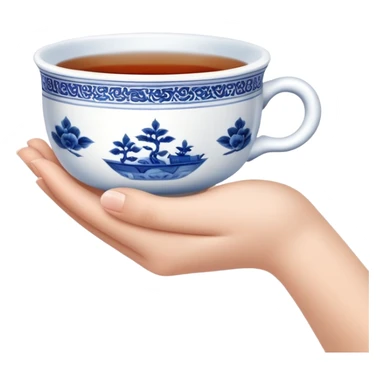 hand holding a traditional Chinese blue and white porcelain tea cup without handle sticker